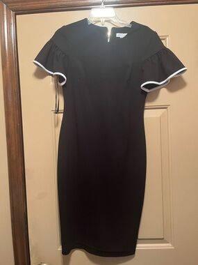 Calvin Klein Black Midi Sheath Dress with White Trim Flutter Sleeves